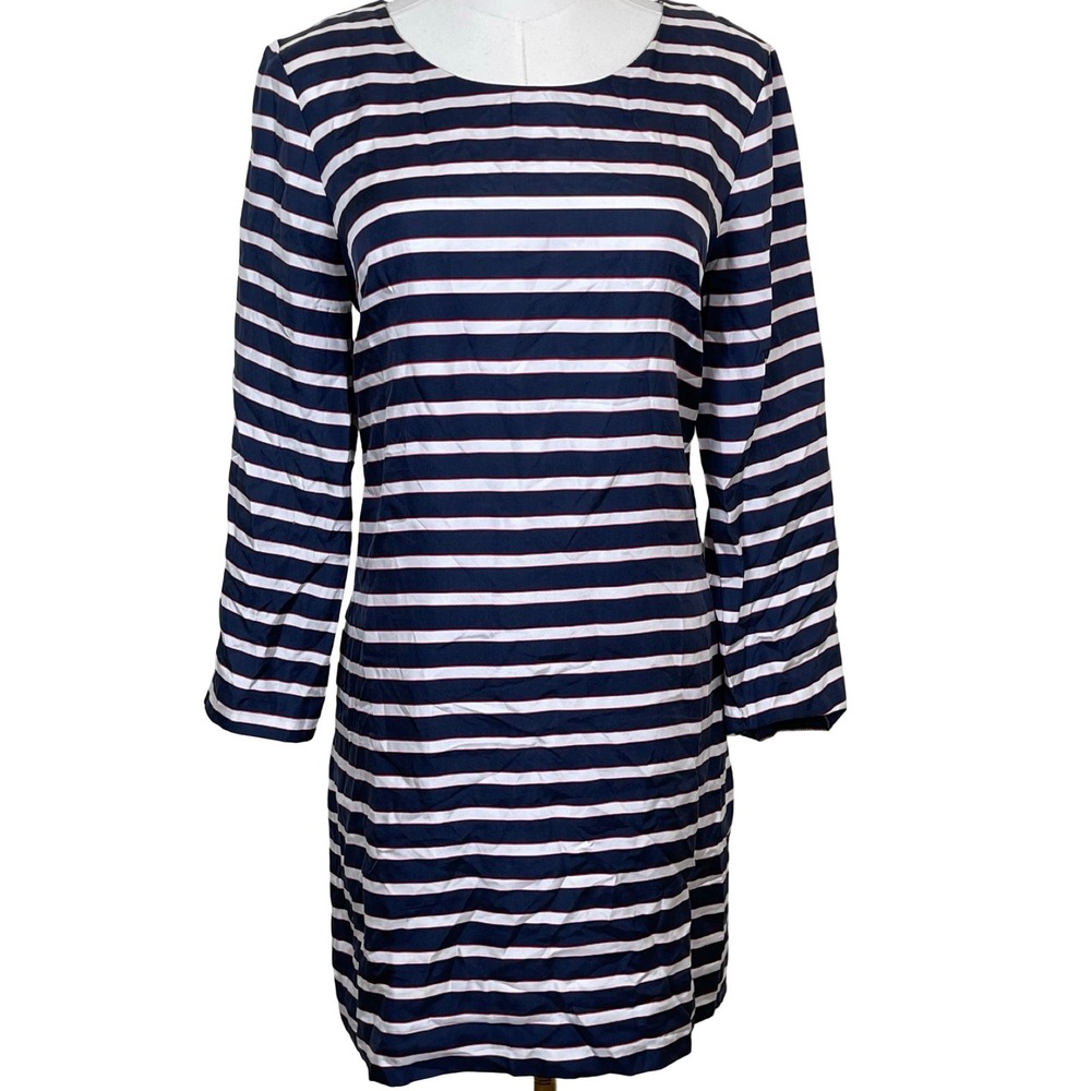 J.Crew Striped Shift Dress Womens 6 Navy White Red Long Sleeve Nautical Silk